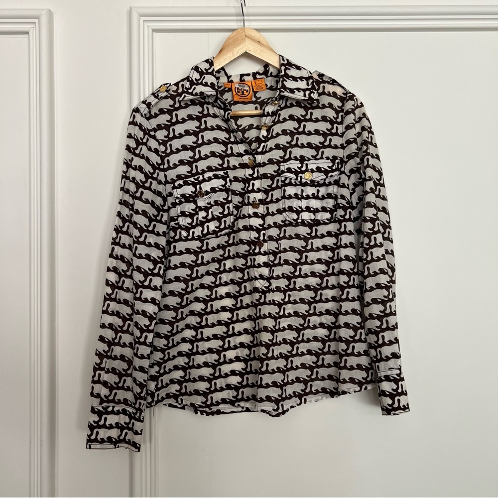 Tory Burch brown & white blouse with gold buttons